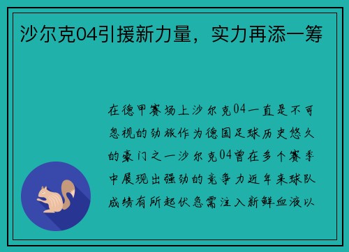 沙尔克04引援新力量，实力再添一筹