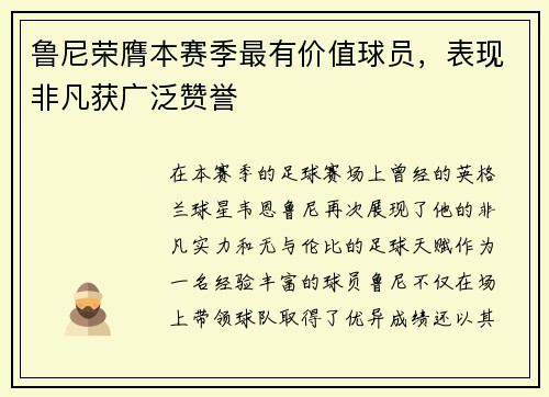 鲁尼荣膺本赛季最有价值球员，表现非凡获广泛赞誉