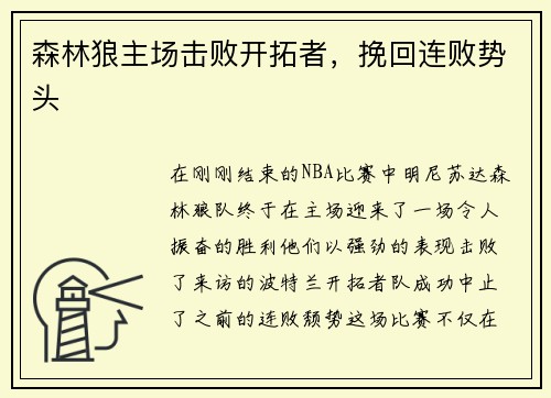 森林狼主场击败开拓者，挽回连败势头
